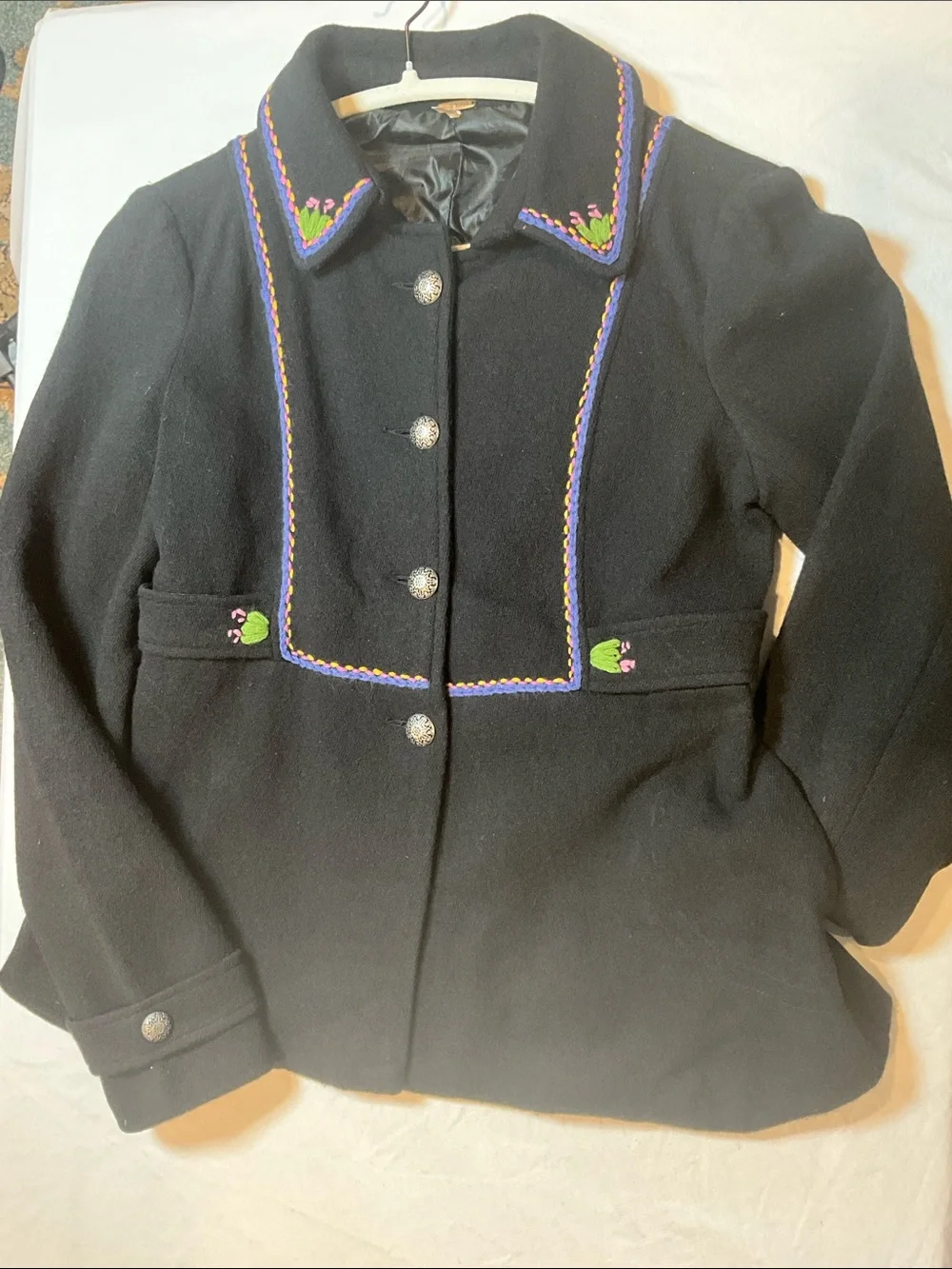 Vintage Free People Embroidered Wool Pea Coat with Pockets Size Medium